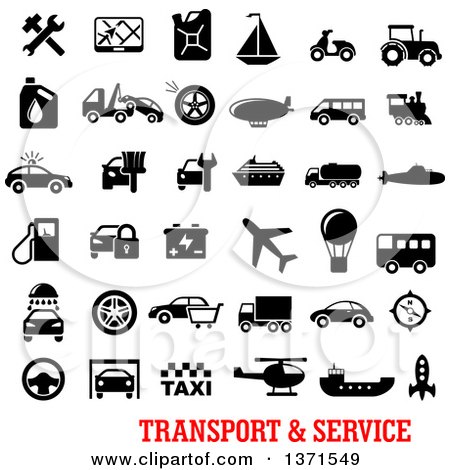 Clipart of Black and White Transport and Service Icons over Text - Royalty Free Vector Illustration by Vector Tradition SM