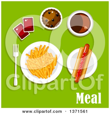 Clipart of a Hot Dog, Fries, Ketchup, Soda and Cupcake with Text on Green - Royalty Free Vector Illustration by Vector Tradition SM