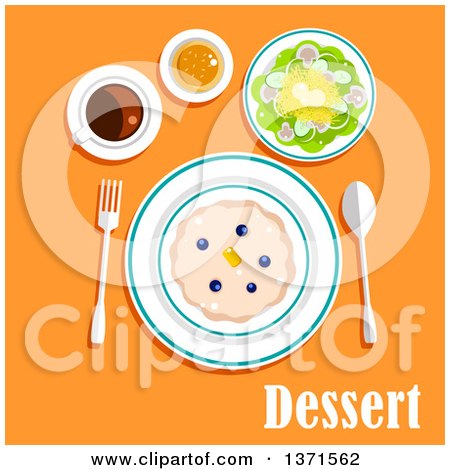 Clipart of a Sweet Milk Cake, Butter, Fresh Blueberries, Cup of Coffee with Bun and Salad with Text on Orange - Royalty Free Vector Illustration by Vector Tradition SM