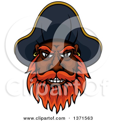 Clipart of a Cartoon Tough Black Male Pirate Captain with a Red Beard, Wearing a Hat - Royalty Free Vector Illustration by Vector Tradition SM