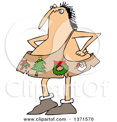 Clipart of a Cartoon Caveman Wearing an Ugly Christmas Animal Skin - Royalty Free Vector Illustration by djart