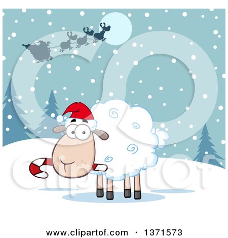 Clipart of a Cartoon Christmas Sheep Chewing on a Candy Cane Under Santas Sleigh in the Snow - Royalty Free Vector Illustration by Hit Toon