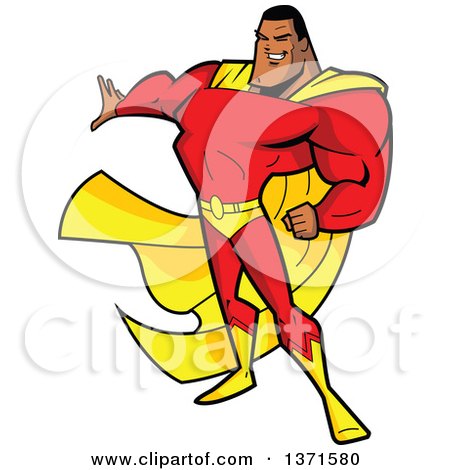 Clipart Of A Buff Black Male Super Hero Holding out a Hand  - Royalty Free Vector Illustration by Clip Art Mascots