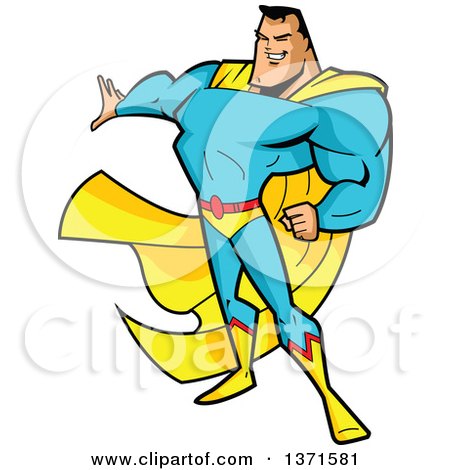 Clipart Of A Buff White Male Super Hero Holding out a Hand  - Royalty Free Vector Illustration by Clip Art Mascots