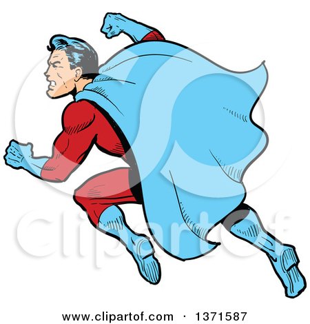 Clipart Of A Male Super Hero Flying and Preparing to Punch - Royalty Free Vector Illustration by Clip Art Mascots