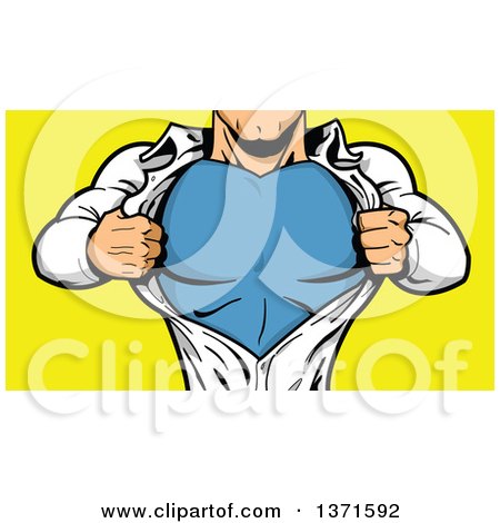 Clipart Of A White Male Super Hero Ripping Off His Shirt, Over Yellow - Royalty Free Vector Illustration by Clip Art Mascots