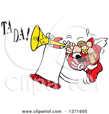 Clipart of a Cartoon Energetic Herald Jumping and Blowing a Trumpet to Make a Big Announcement, with Ta Da Text - Royalty Free Vector Illustration by Johnny Sajem