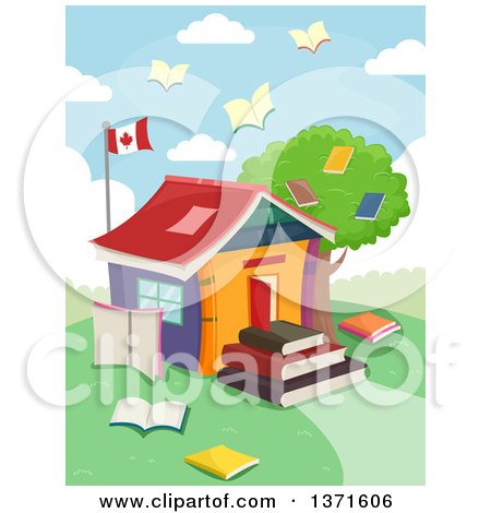 Clipart of a School House Made of Books, with Book Birds Flying and a Canadian Flag - Royalty Free Vector Illustration by BNP Design Studio