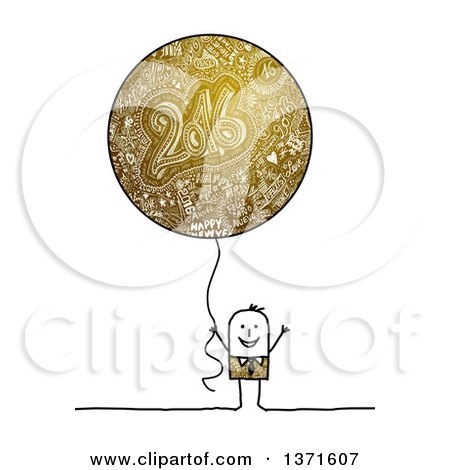 Clipart of a Stick Man Holding A Golden New Year Party Balloon - Royalty Free Illustration by NL shop