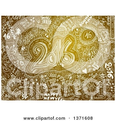Clipart of a Golden Happy New Year 2016 Doodle Background - Royalty Free Illustration by NL shop