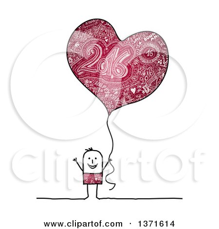 Clipart of a Stick Man Holding a Heart Shaped New Year 2016 Party Balloon - Royalty Free Illustration by NL shop