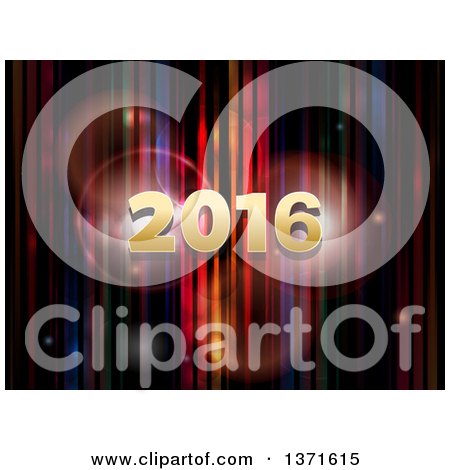 Clipart of a Gold 2016 New Year over Colorful Stripes and Flares - Royalty Free Vector Illustration by elaineitalia