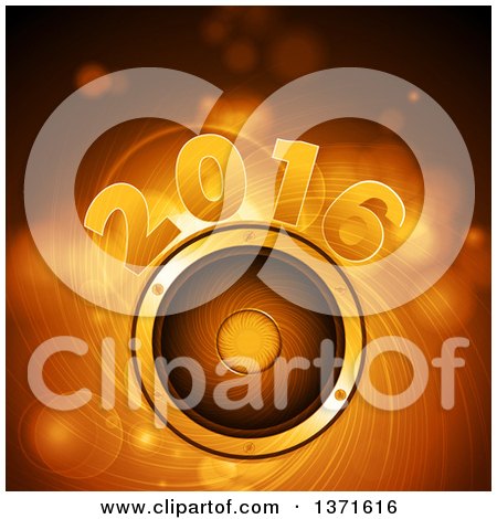Clipart of a Gold 2016 New Year over a gold swirl and Music Speaker - Royalty Free Vector Illustration by elaineitalia