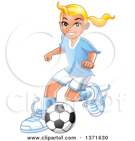 Clipart Of A Blond Caucasian Girl Playing Soccer - Royalty Free Vector Illustration by Clip Art Mascots
