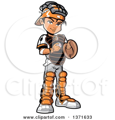Clipart Of A Male Baseball Player Boy Catcher Standing and Holding a Ball - Royalty Free Vector Illustration by Clip Art Mascots