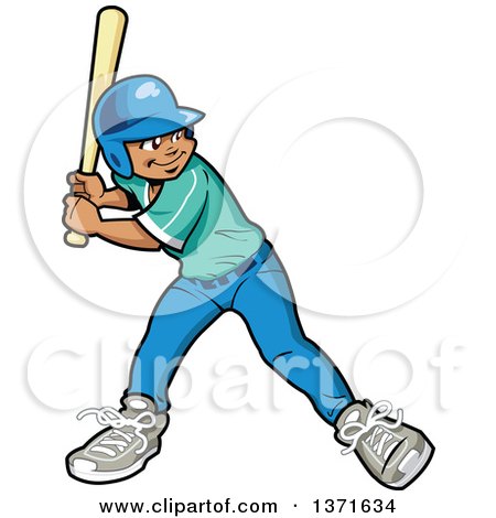 Clipart Of A Black Baseball Player Boy Batting - Royalty Free Vector Illustration by Clip Art Mascots