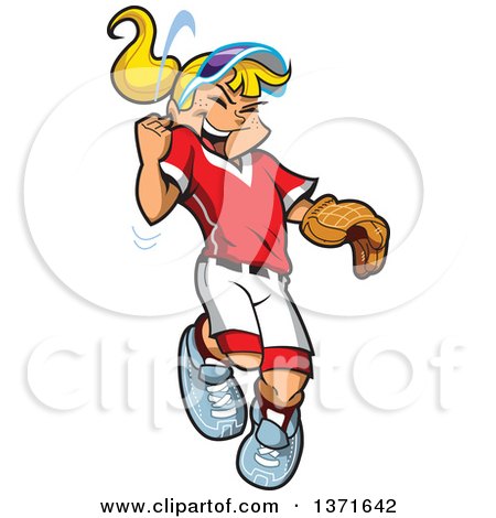 Clipart Of A Happy White Blond Baseball Player Pitcher Girl Cheering and Jumping - Royalty Free Vector Illustration by Clip Art Mascots