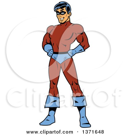 Clipart Of A Tough White Male super Hero in a Brown and Blue Suit - Royalty Free Vector Illustration by Clip Art Mascots