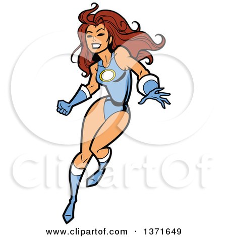 Clipart Of A Brunette White Female Super Hero in a Blue Suit - Royalty Free Vector Illustration by Clip Art Mascots