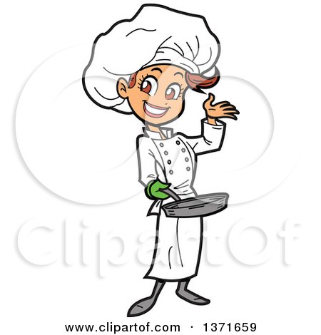 Clipart Of A Happy White Female Chef Presenting and Holding a Pan - Royalty Free Vector Illustration by Clip Art Mascots
