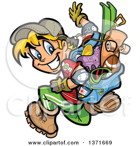 Clipart Of A Happy Blond White Boy With a Bag Full of Sports Gear - Royalty Free Vector Illustration by Clip Art Mascots