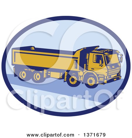 Clipart of a Retro Woodcut Dump Truck in a Blue Oval - Royalty Free Vector Illustration by patrimonio