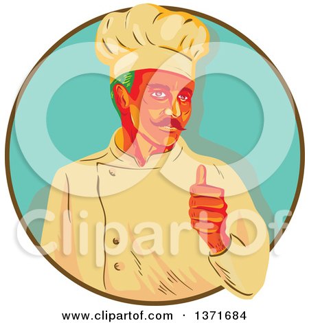 Clipart of a Retro Wpa Styled Green Haired Chef with a Mustache, Giving a Thumb up and Emerging from a Brown and Turquoise Circle - Royalty Free Vector Illustration by patrimonio
