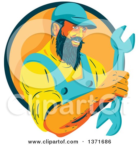Clipart of a Retro Wpa Styled Mechanic with a Beard, Holding a Giant Wrench and Emerging from a Green and Orange Circle - Royalty Free Vector Illustration by patrimonio