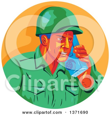 Clipart of a Retro Wpa Styled WWII American Soldier Talking on a Field Radio in an Orange Circle - Royalty Free Vector Illustration by patrimonio