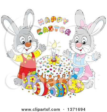 Clipart of a Happy Easter Greeting Above Cartoon Male and Female Bunny Rabbits, a Cake and Eggs - Royalty Free Vector Illustration by Alex Bannykh