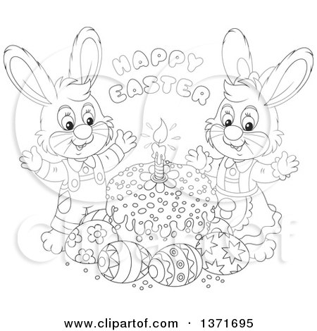 Clipart of a Black and White Lineart Happy Easter Greeting Above Male and Female Bunny Rabbits, a Cake and Eggs - Royalty Free Vector Illustration by Alex Bannykh