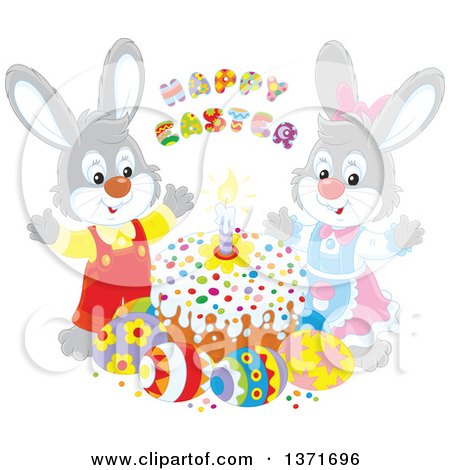 Clipart of a Happy Easter Greeting Above Male and Female Bunny Rabbits, a Cake and Eggs - Royalty Free Vector Illustration by Alex Bannykh