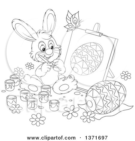 Clipart of a Black and White Lineart Bunny Rabbit Painting a Canvas and Easter Egg, a Butterfly Flying Above - Royalty Free Vector Illustration by Alex Bannykh