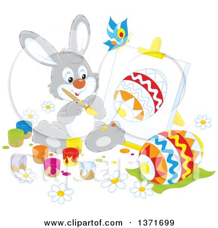 Clipart of a Happy Gray Bunny Rabbit Painting a Canvas and Easter Egg, a Butterfly Flying Above - Royalty Free Vector Illustration by Alex Bannykh