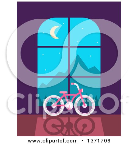 Clipart of a Pink Bicycle in Front of a Window with a Scene of Mountains at Night - Royalty Free Vector Illustration by Qiun