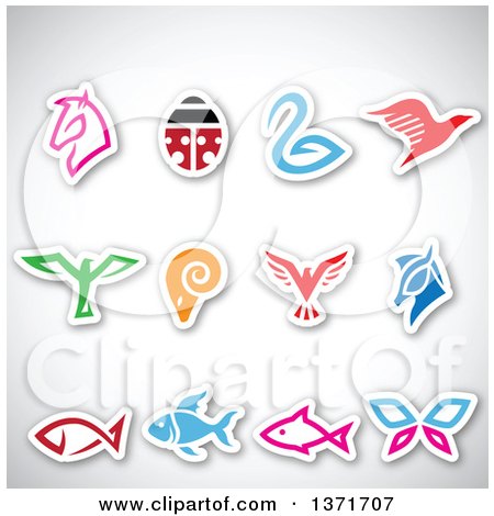 Clipart of Colorful Sticker Styled Horse, Bird, Ram, Ladybug, Butterfly and Fish Icons with Shadows on Gray - Royalty Free Vector Illustration by cidepix