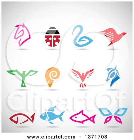 Clipart of Colorful Horse, Bird, Ram, Ladybug, Butterfly and Fish Icons with Shadows on Gray - Royalty Free Vector Illustration by cidepix