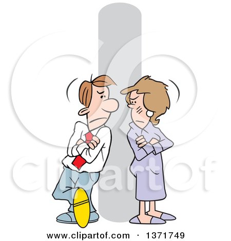 Clipart of a Cartoon Angry White Business Man at Woman at Odds, Leaning Against a Pole with Folded Arms - Royalty Free Vector Illustration by Johnny Sajem