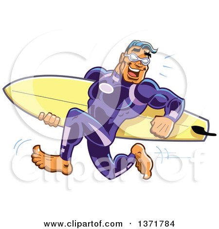 Clipart Of A Buff Surfer Dude Running in a Wetsuit, Carrying His Board - Royalty Free Vector Illustration by Clip Art Mascots