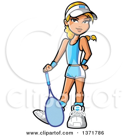 Clipart Of A Blond White Girl Posing With a Tennis Racket - Royalty Free Vector Illustration by Clip Art Mascots