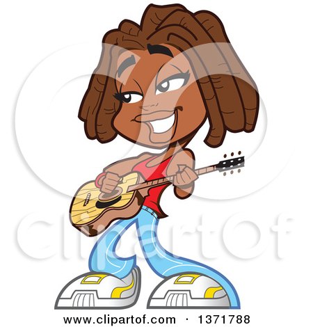 Clipart Of A Black Woman With Dreadlocks, Playing an Acoustic Guitar - Royalty Free Vector Illustration by Clip Art Mascots