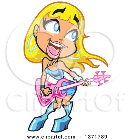 Clipart Of A Blond White Woman Playing a Pink Electric Guitar - Royalty Free Vector Illustration by Clip Art Mascots