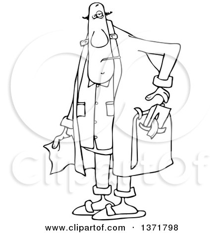 Clipart of a Cartoon Black and White Chubby Sick Man with a Tissue Box in His Robe Pocket - Royalty Free Vector Illustration by djart