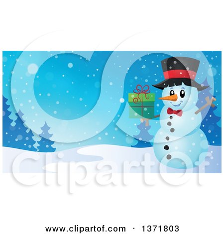 Clipart of a Christmas Snowman Holding a Gift in a Winter Landscape - Royalty Free Vector Illustration by visekart