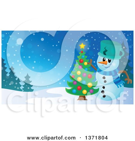 Clipart of a Christmas Snowman Decorating a Tree in a Winter Landscape - Royalty Free Vector Illustration by visekart