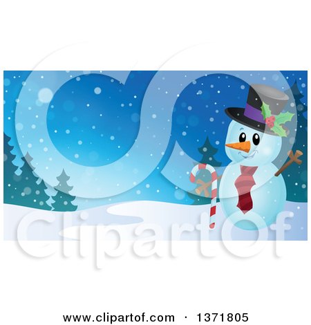 Clipart of a Christmas Snowman Holding a Candy Cane in a Winter Landscape - Royalty Free Vector Illustration by visekart