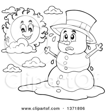 Clipart of a Black and White Christmas Snowman Melting Under the Shining Sun - Royalty Free Vector Illustration by visekart