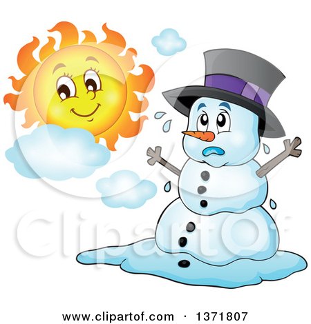 Clipart of a Christmas Snowman Melting Under the Shining Sun - Royalty Free Vector Illustration by visekart