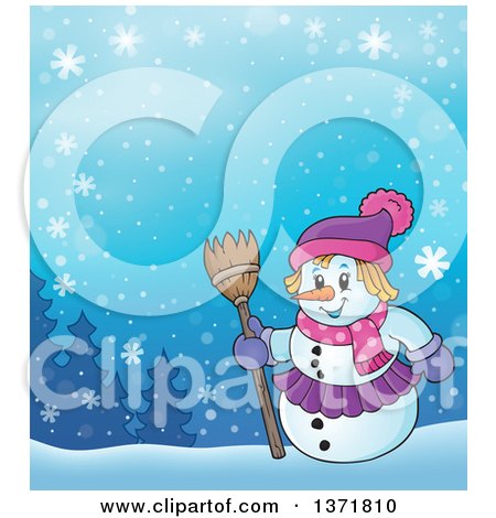 Clipart of a Female Christmas Snowman Holding a Broom in a Winter Landscape - Royalty Free Vector Illustration by visekart
