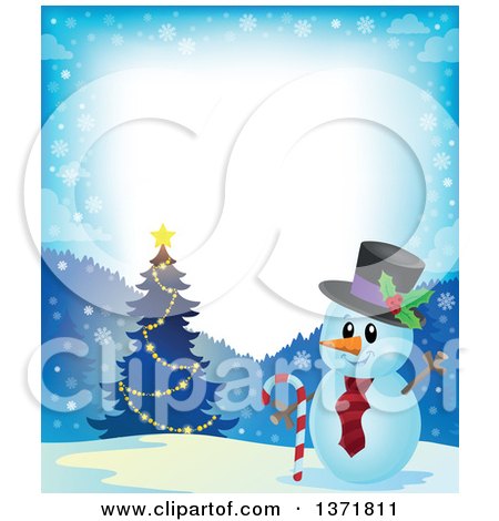Clipart of a Christmas Snowman Holding a Candy Cane by a Tree in a Winter Landscape - Royalty Free Vector Illustration by visekart